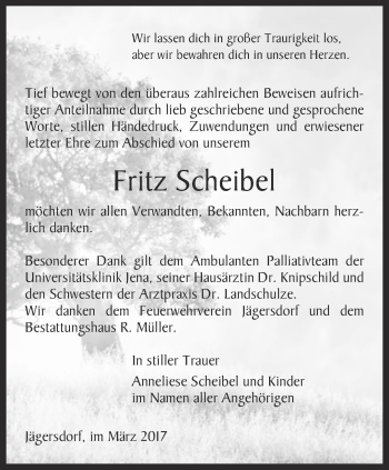 Traueranzeige von Fritz Scheibel von Ostthüringer Zeitung, Thüringische Landeszeitung