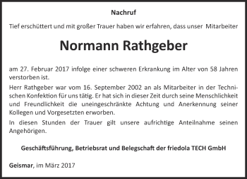 Traueranzeige von Normann Rathgeber von Thüringer Allgemeine