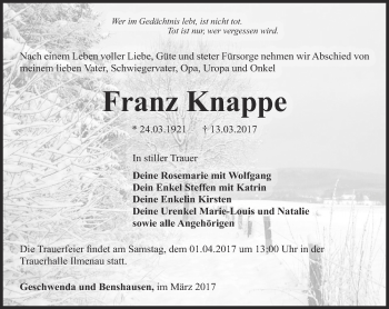 Traueranzeige von Franz Knappe von Thüringer Allgemeine