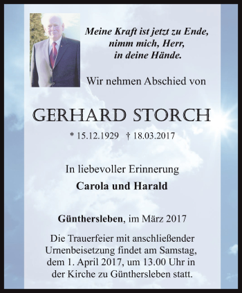 Traueranzeige von Gerhard Storch von Ostthüringer Zeitung, Thüringische Landeszeitung