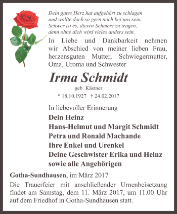 Traueranzeige von Irma Schmidt von Ostthüringer Zeitung, Thüringische Landeszeitung