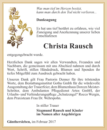 Traueranzeige von Christa Rausch von Ostthüringer Zeitung, Thüringische Landeszeitung