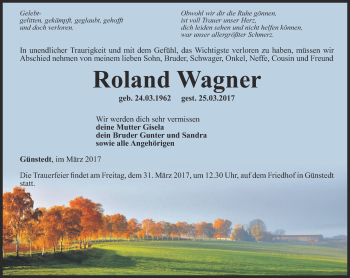 Traueranzeige von Roland Wagner von Thüringer Allgemeine