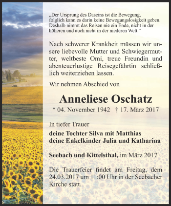Traueranzeige von Anneliese Oschatz von Thüringer Allgemeine, Thüringische Landeszeitung