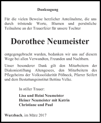 Traueranzeige von Dorothee Neumeister von Ostthüringer Zeitung