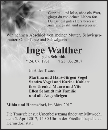 Traueranzeige von Inge Walther von Thüringer Allgemeine, Thüringische Landeszeitung