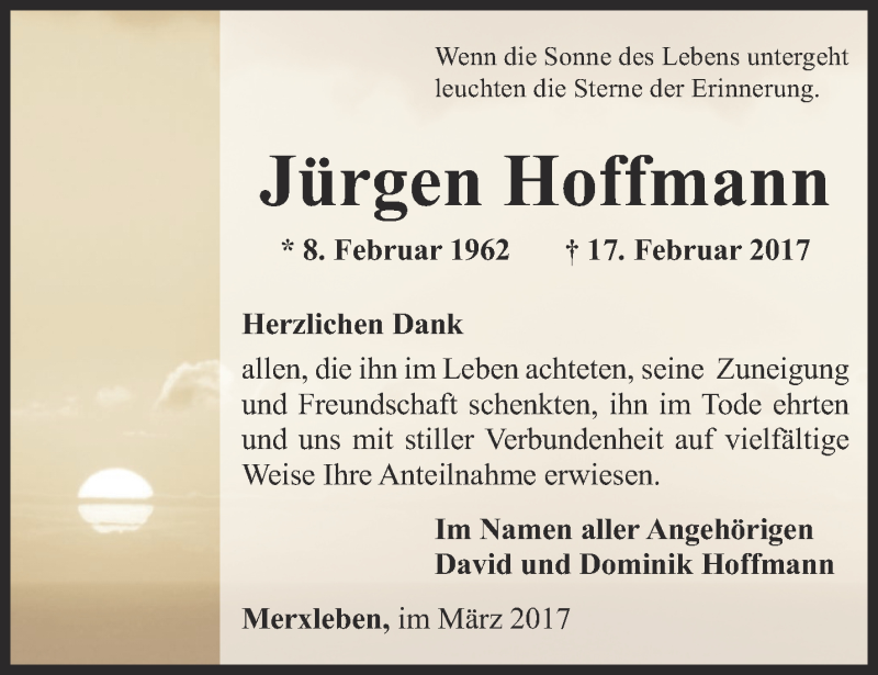  Traueranzeige für Jürgen Hoffmann vom 11.03.2017 aus Thüringer Allgemeine, Thüringische Landeszeitung