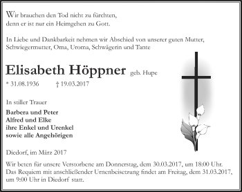 Traueranzeige von Elisabeth Höppner von Thüringer Allgemeine, Thüringische Landeszeitung