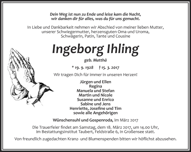  Traueranzeige für Ingeborg Ihling vom 17.03.2017 aus Thüringer Allgemeine, Thüringische Landeszeitung