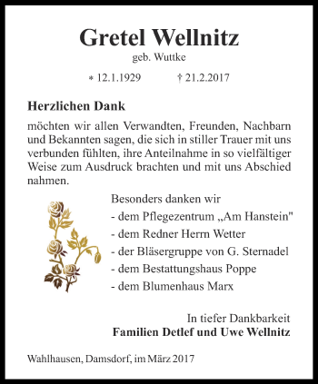 Traueranzeige von Gretel Wellnitz von Thüringer Allgemeine