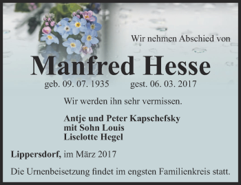 Traueranzeige von Manfred Hesse von Ostthüringer Zeitung