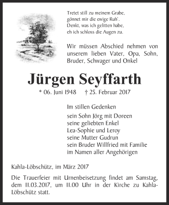 Traueranzeige von Jürgen Seyffarth von Ostthüringer Zeitung, Thüringische Landeszeitung