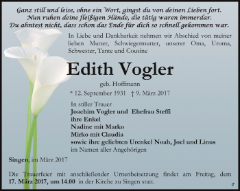 Traueranzeige von Edith Vogler von Thüringer Allgemeine