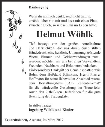 Traueranzeige von Helmut Wöhlk von Thüringer Allgemeine, Thüringische Landeszeitung