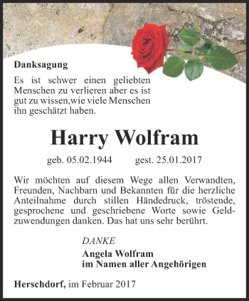 Traueranzeige von Harry Wolfram von Ostthüringer Zeitung