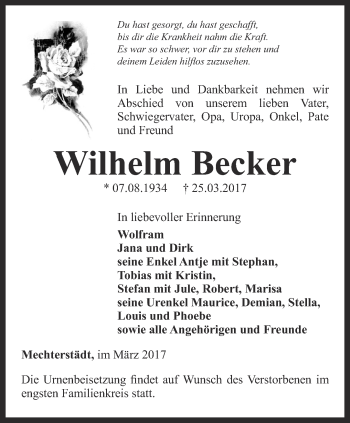 Traueranzeige von Wilhelm Becker von Ostthüringer Zeitung, Thüringische Landeszeitung