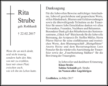 Traueranzeige von Rita Strube von Thüringer Allgemeine