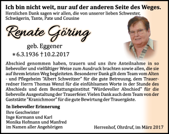 Traueranzeige von Renate Göring von Ostthüringer Zeitung, Thüringische Landeszeitung