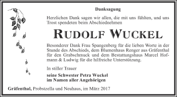 Traueranzeige von Rudolf Wuckel von Ostthüringer Zeitung