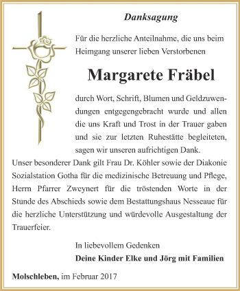 Traueranzeige von Margarete Fräbel von Ostthüringer Zeitung, Thüringische Landeszeitung