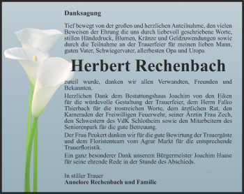 Traueranzeige von Herbert Rechenbach von Thüringer Allgemeine, Thüringische Landeszeitung