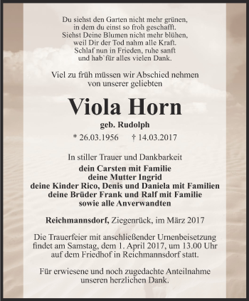 Traueranzeige von Viola Horn von Ostthüringer Zeitung