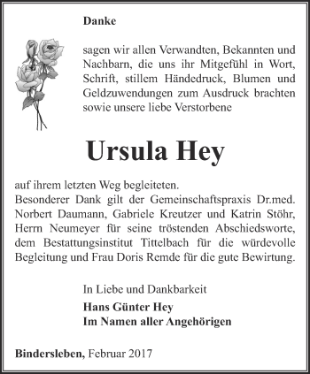 Traueranzeige von Ursula Hey von Thüringer Allgemeine, Thüringische Landeszeitung