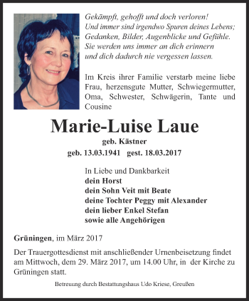 Traueranzeige von Marie-Luise Laue von Thüringer Allgemeine