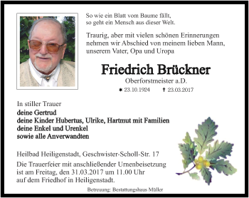 Traueranzeige von Friedrich Brückner von Thüringer Allgemeine