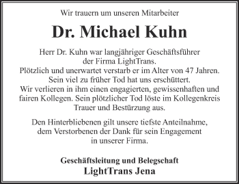 Traueranzeige von Michael Kuhn von Ostthüringer Zeitung, Thüringische Landeszeitung