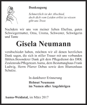 Traueranzeige von Gisela Neumann von Ostthüringer Zeitung