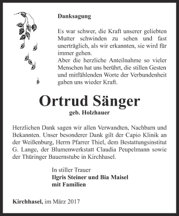 Traueranzeige von Ortrud Sänger von Ostthüringer Zeitung