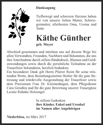 Traueranzeige von Käthe Günther von Thüringer Allgemeine