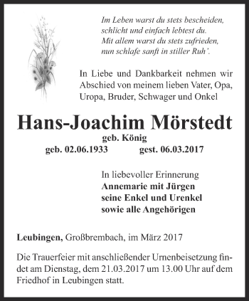 Traueranzeige von Hans-Joachim Mörstedt von Thüringer Allgemeine