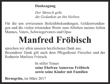 Traueranzeige von Manfred Fröbisch von Ostthüringer Zeitung