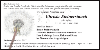 Traueranzeige von Christa Steinerstauch von Ostthüringer Zeitung, Thüringische Landeszeitung