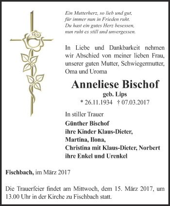 Traueranzeige von Anneliese Bischof von Ostthüringer Zeitung, Thüringische Landeszeitung