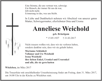 Traueranzeige von Anneliese Weichold von Thüringer Allgemeine