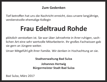 Traueranzeige von Edeltraud Rohde von Thüringer Allgemeine