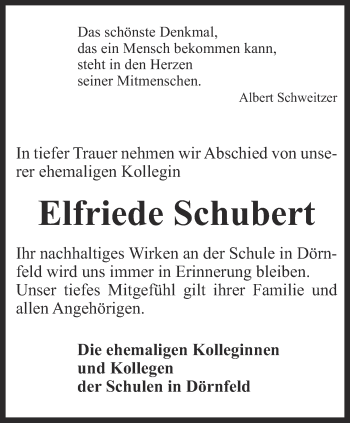 Traueranzeige von Elfriede Schubert von Thüringer Allgemeine