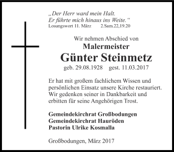 Traueranzeige von Günter Steinmetz von Thüringer Allgemeine