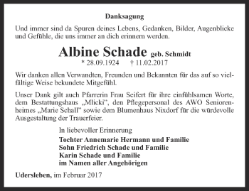 Traueranzeige von Albine Schade von Thüringer Allgemeine