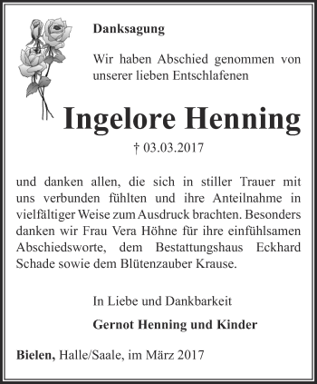 Traueranzeige von Ingelore Henning von Thüringer Allgemeine