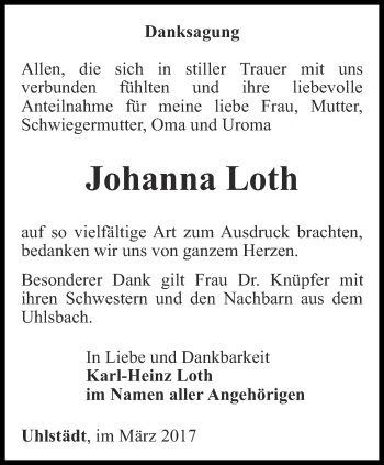 Traueranzeige von Johanna Loth von Ostthüringer Zeitung