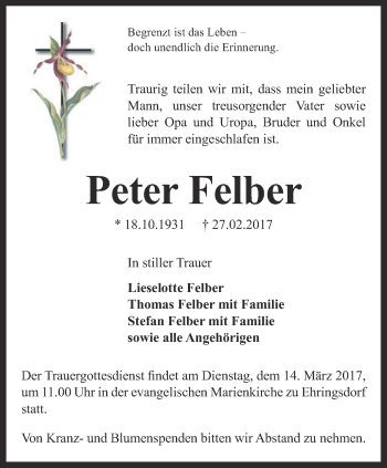 Traueranzeige von Peter Felber von Thüringer Allgemeine, Thüringische Landeszeitung