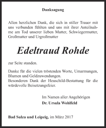 Traueranzeige von Edeltraud Rohde von Thüringer Allgemeine, Thüringische Landeszeitung