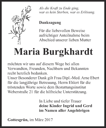 Traueranzeige von Maria Burgkhardt von Ostthüringer Zeitung