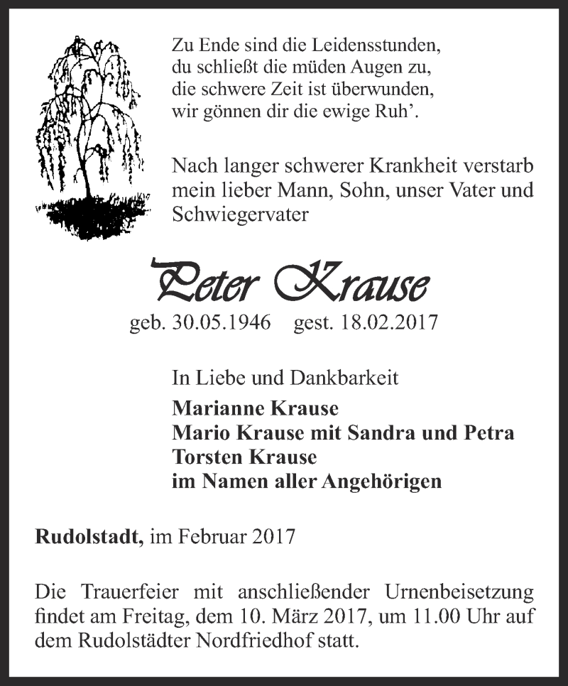 Traueranzeigen Von Peter Krause Trauer In Thueringen De