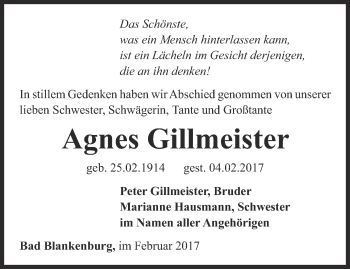 Traueranzeige von Agnes Gillmeister von Ostthüringer Zeitung