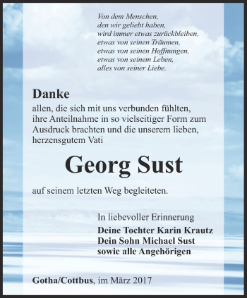 Traueranzeige von Georg Sust von Ostthüringer Zeitung, Thüringische Landeszeitung